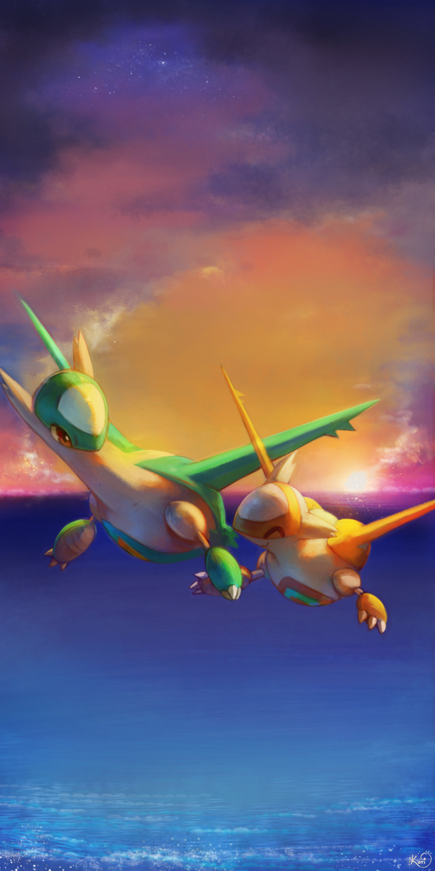 ^_^ absurdres alternate_color brown_eyes claws closed_eyes closed_mouth clouds cloudy_sky commentary creature english_commentary full_body gen_3_pokemon highres koriarredondo latias latios legendary_pokemon looking_at_another no_humans ocean pokemon pokemon_(creature) shiny_pokemon signature sky smile sun sunset water