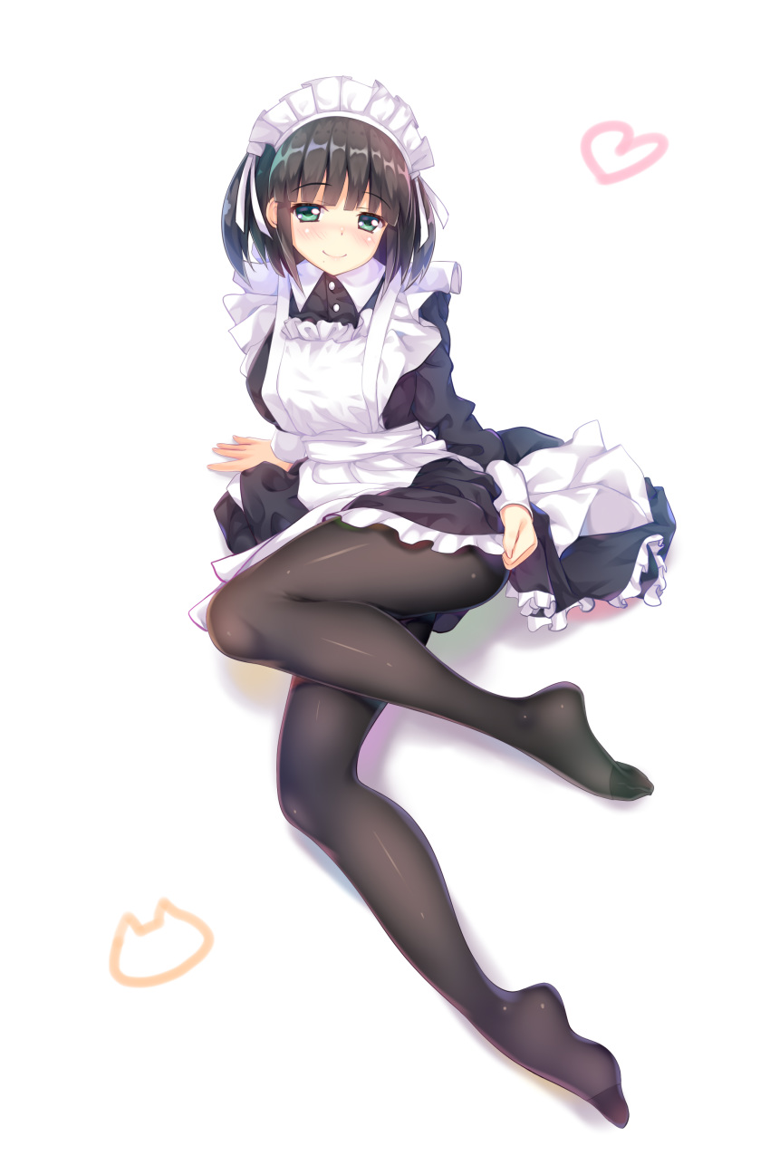 1girl a.x. absurdres apron arm_support ass bangs black_hair black_legwear blunt_bangs blush breasts dress dress_lift eyebrows_visible_through_hair full_body green_eyes heart highres large_breasts legs long_sleeves looking_at_viewer maid maid_apron maid_dress maid_headdress nose_blush original pantyhose photo-referenced seductive_smile short_hair simple_background sitting smile solo white_apron white_background