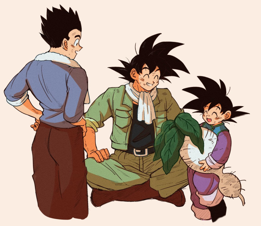 3boys :d ^_^ backlighting beige_background belt black_eyes black_hair black_shirt blue_shirt boots brothers brown_footwear brown_pants chinese_clothes clenched_teeth closed_eyes commentary_request cropped_legs dirty dirty_clothes dirty_face dragon_ball dragon_ball_super dragon_ball_z father_and_son fingernails food full_body grin hands_on_hips hands_on_own_knees happy holding holding_food holding_vegetable indian_style jacket long_sleeves looking_at_another male_focus mamefuku_(mamedehuku) multiple_boys open_clothes open_jacket open_mouth pants profile shaded_face shirt siblings simple_background sitting sleeves_rolled_up smile son_gohan son_gokuu son_goten spiky_hair standing sweat teeth towel towel_around_neck turnip vegetable white_neckwear