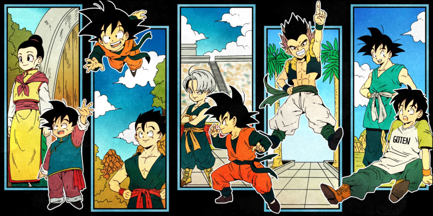 1girl 6+boys :d :o abs age_progression arena arm_support arms_at_sides audience baggy_pants bangs black_background black_eyes black_hair blue_eyes boots brick_wall brothers character_name chi-chi_(dragon_ball) china_dress chinese_clothes clenched_teeth clothes_writing clouds cloudy_sky collarbone crossed_arms day dot_nose dougi dragon_ball dragon_ball_z dress father_and_son fighting_stance fingernails flying forest frown gotenks grey_hair grin hair_bun hand_up hands_on_hips happy highres house index_finger_raised kami's_lookout long_sleeves looking_afar looking_at_another looking_at_viewer looking_to_the_side looking_up metamoran_vest mother_and_son mountain multicolored_hair multiple_boys multiple_persona muscle nature neckerchief open_mouth orange_footwear outdoors outside_border palm_tree pants pectorals profile purple_hair purple_neckwear rock shirt short_sleeves siblings simple_background sitting sky smile son_gohan son_goku son_goten spiky_hair stairs standing streaked_hair teeth toritoki_(trig_tkdb) tree trunks_(dragon_ball) two-tone_hair upper_teeth waistcoat wall waving white_pants wristband yellow_footwear