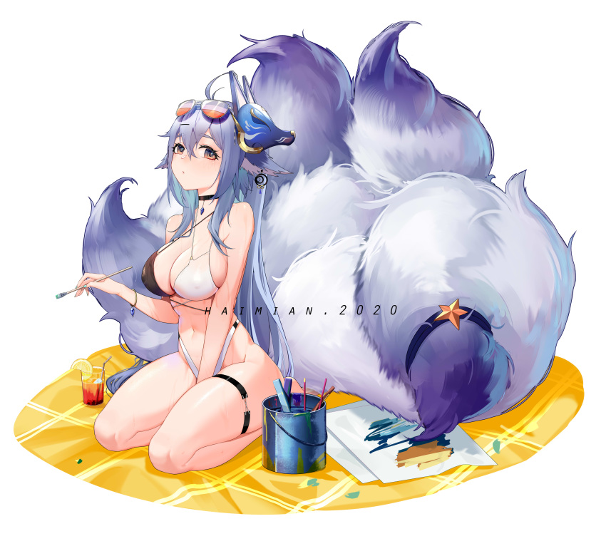 1girl absurdres animal_ears aviator_sunglasses azur_lane bare_shoulders bikini black_choker blush breasts choker closed_mouth criss-cross_halter eyebrows_visible_through_hair eyewear_on_head fluffy food fox_mask fox_tail fruit full_body glass haimian-v- hair_ornament halterneck highleg highleg_bikini highres large_breasts lemon lemon_slice long_hair looking_at_viewer mask mask_on_head multiple_tails navel paint paintbrush pencil sitting solo sunglasses swimsuit tail tosa_(azur_lane) tosa_(hometown_zest)_(azur_lane) two-tone_bikini