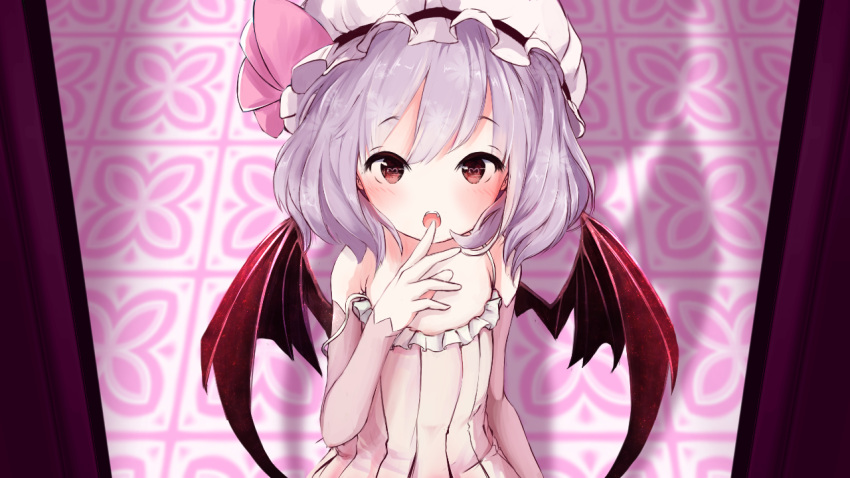 1girl bat_wings blush dress elbow_gloves frilled_dress frills gloves hat hat_ribbon heart heart-shaped_pupils lavender_hair looking_at_viewer mob_cap nekomarieru open_mouth pink_ribbon red_eyes remilia_scarlet ribbon solo strap_slip striped striped_dress symbol-shaped_pupils touhou wings