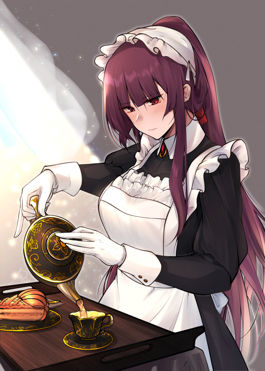 1girl absurdres apron bangs black_dress blunt_bangs blush breasts brooch closed_mouth collared_dress cup dress drink eyebrows_visible_through_hair food girls_frontline gloves highres jewelry light_rays long_hair long_sleeves looking_down maid maid_apron maid_headdress medium_breasts pie pouring puffy_sleeves purple_hair red_eyes solo standing stigmamyu sunbeam sunlight table tea teacup teapot tray wa2000_(girls_frontline) white_apron white_gloves