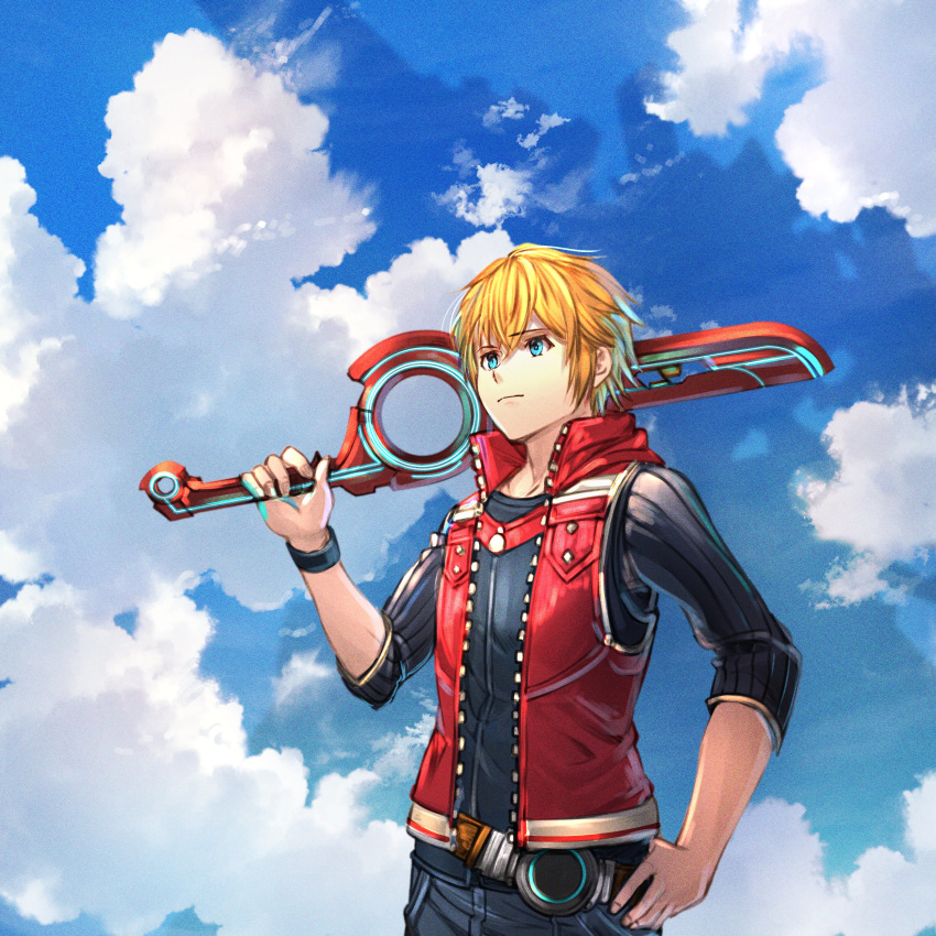 1boy absurdres black_shirt blonde_hair blue_eyes clouds cloudy_sky day highres male_focus monado monolith_soft monster_games nintendo open_clothes open_vest outdoors poteto_(potetosarada123) red_vest shirt shulk sky solo super_smash_bros. vest xenoblade_(series) xenoblade_1 xenoblade_1:_tsunagaru_mirai xenoblade_chronicles