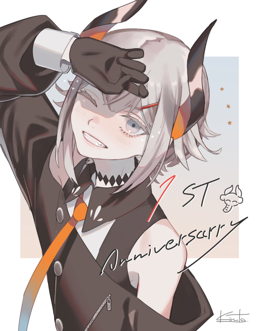 1girl anniversary bangs bare_shoulders black_gloves blue_eyes blush demon_girl demon_horns gloves grin hair_between_eyes hair_ornament hairclip highres horns kirudai levi_elipha looking_at_viewer nijisanji off_shoulder short_hair signature silver_hair sleeveless smile solo upper_body virtual_youtuber white_hair