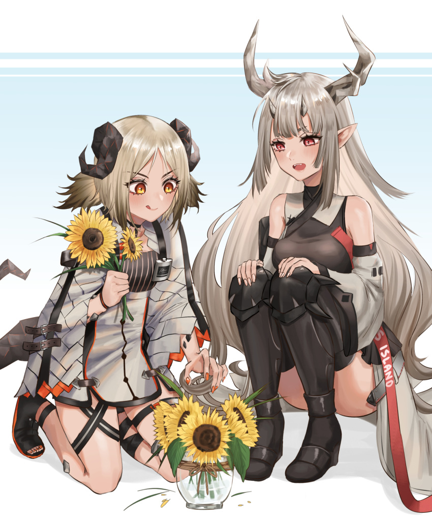 2girls :d :q arknights ass bangs bare_shoulders black_legwear blonde_hair blush breasts detached_sleeves flower grey_hair highres horns ifrit_(arknights) jacket kneehighs kurisustinah long_hair matoimaru_(arknights) multiple_girls open_mouth open_toe_shoes orange_eyes orange_nails parted_bangs plant pointy_ears potted_plant red_eyes sitting smile sunflower tail teeth thigh-highs tongue tongue_out very_long_hair