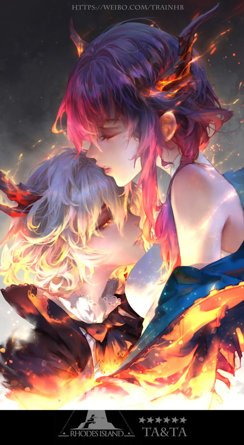 1boy 1girl arknights character_request closed_eyes clothing_request fire highres horns multicolored_hair orange_eyes pink_hair purple_hair simple_background sparks tagme train_hb white_hair