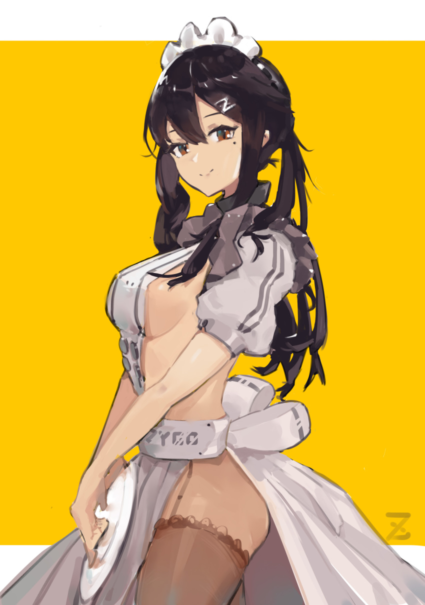 1girl absurdres apron ass black_hair black_legwear breasts closed_mouth commentary_request copyright_request detached_sleeves from_side garter_straps hair_between_eyes highres holding holding_tray long_hair maid maid_headdress medium_breasts mole mole_under_eye naked_apron red_eyes short_sleeves sideboob smile solo thigh-highs tray white_apron yellow_background zygocactus