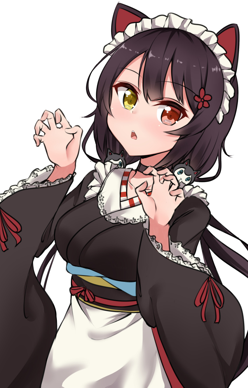 1girl :&lt; absurdres animal_ears animal_hood apron bangs black_choker black_hair black_kimono blush breasts brown_eyes choker claw_pose collarbone commentary_request dog_ears dog_hood eyebrows_visible_through_hair flower hair_between_eyes hair_flower hair_ornament hands_up heterochromia highres hood inui_toko japanese_clothes kimono kirikan long_hair long_sleeves low_twintails maid_headdress medium_breasts nijisanji obi parted_lips red_eyes red_flower sash simple_background solo triangle_mouth twintails upper_teeth very_long_hair virtual_youtuber waist_apron white_apron white_background wide_sleeves