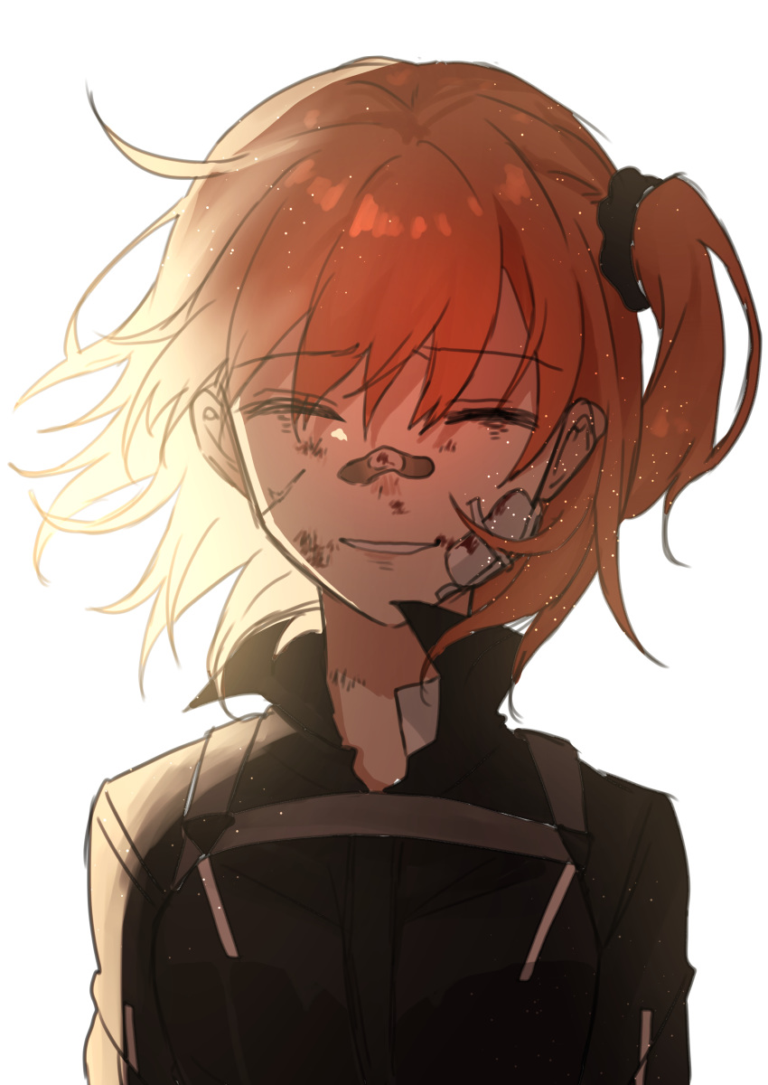 1girl absurdres bandaid bandaid_on_nose black_jacket black_scrunchie bruise_on_face closed_eyes facing_viewer fate/grand_order fate_(series) floating_hair fujimaru_ritsuka_(female) grin hair_ornament hair_scrunchie highres jacket looking_at_viewer medium_hair orange_hair scrunchie side_ponytail simple_background sketch smile solo upper_body white_background yamabuki0211