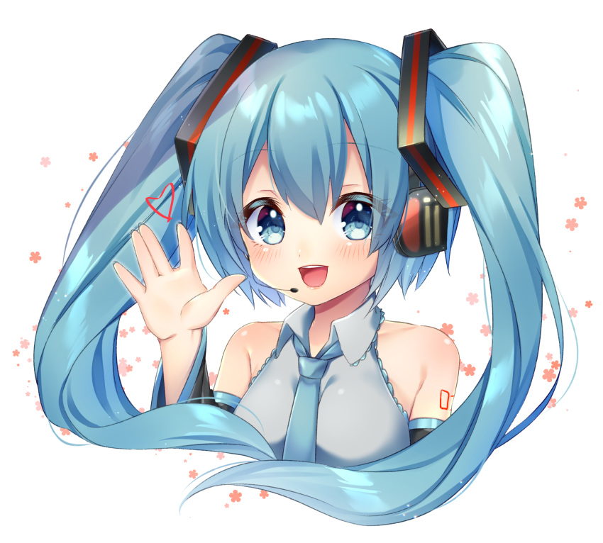 1girl 39 :d amane_(230075) aqua_neckwear bangs black_legwear blue_eyes blue_hair blush collared_shirt commentary_request dated detached_sleeves eyebrows_visible_through_hair grey_shirt hair_between_eyes hand_up hatsune_miku heart highres long_hair necktie open_mouth shirt sidelocks simple_background skirt smile solo twintails upper_body v vocaloid white_background