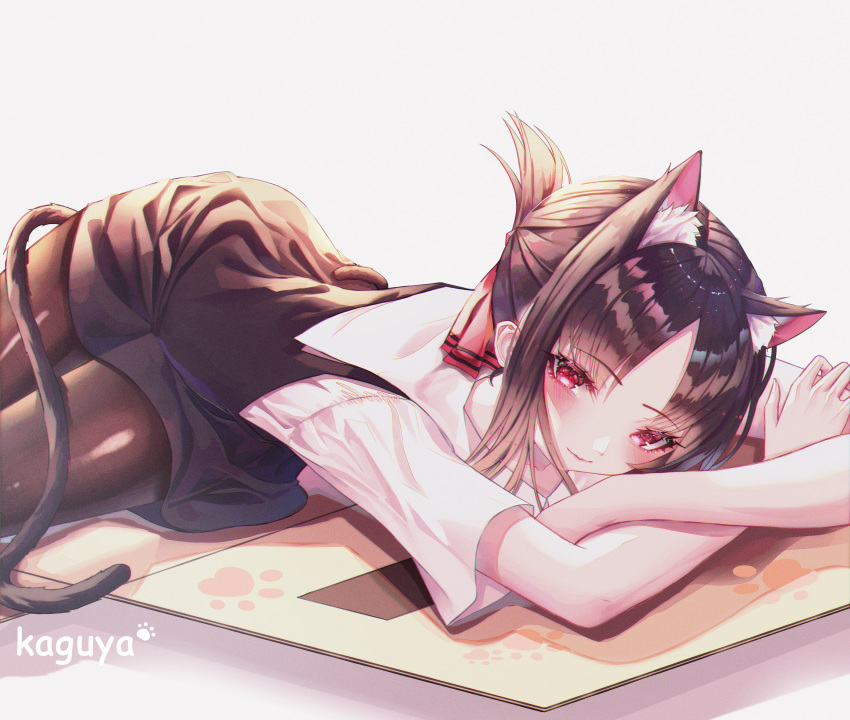 1girl absurdres animal_ear_fluff animal_ears black_dress black_legwear blush brown_hair cat_ears cat_tail dress hair_ribbon highres hongsung0819 huge_filesize kaguya-sama_wa_kokurasetai_~tensai-tachi_no_renai_zunousen~ pantyhose pinafore_dress red_eyes red_ribbon ribbon sailor_collar school_uniform shinomiya_kaguya shiny shiny_hair shiny_legwear short_dress short_hair short_sleeves sidelocks simple_background sleeveless sleeveless_dress solo tail tied_hair white_background white_sailor_collar