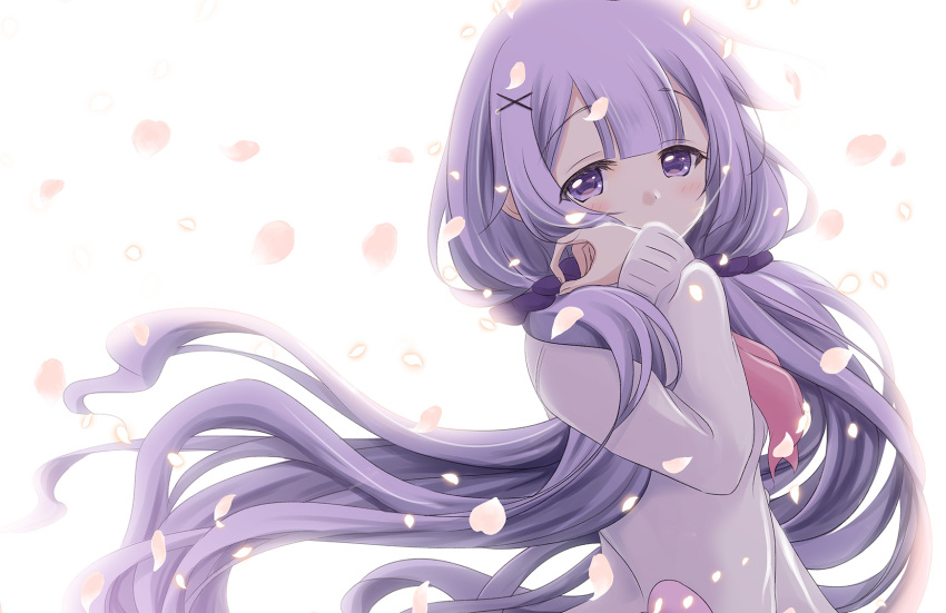 1girl azur_lane bangs blush cardigan commentary_request eyebrows_visible_through_hair floating_hair hair_ornament hair_scrunchie hairclip highres long_hair long_sleeves low_twintails petals purple_hair purple_scrunchie scrunchie simple_background sleeves_past_wrists solo sukireto sweater twintails unicorn_(amusement_park_date)_(azur_lane) unicorn_(azur_lane) upper_body very_long_hair violet_eyes white_background white_cardigan x_hair_ornament