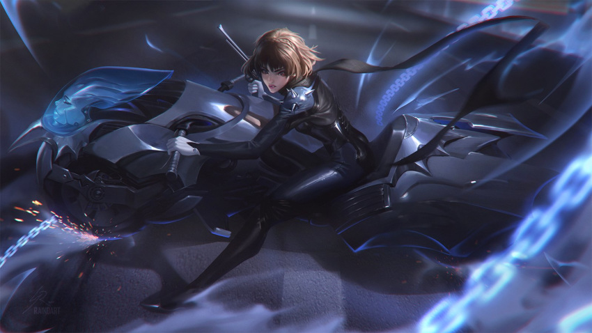 1girl bangs biker_clothes bodysuit brown_eyes brown_hair chain ground_vehicle highres lips looking_at_viewer motion_blur motor_vehicle motorcycle niijima_makoto persona persona_5 profile raikoart scarf short_hair shoulder_spikes solo sparks spikes