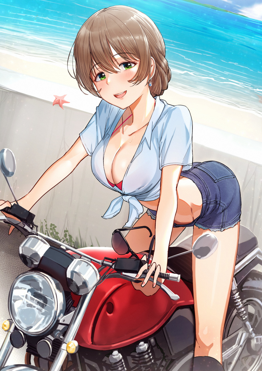 1girl absurdres bare_legs beach bike_shorts bikini bikini_under_clothes brown_hair denim denim_shorts earrings green_eyes ground_vehicle handlebar headlight highres idolmaster idolmaster_million_live! jewelry looking_at_viewer motor_vehicle motorcycle ocean riding sakuramori_kaori short_hair shorts sky smile solo starfish sunglasses suzuki_puramo swimsuit