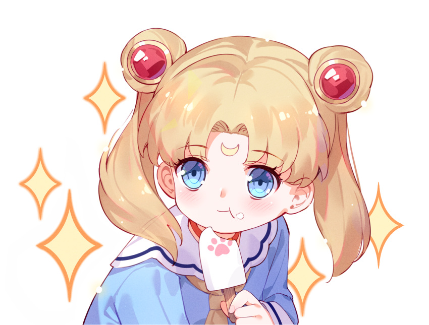 :t bangs bishoujo_senshi_sailor_moon blue_eyes blue_shirt blush brown_neckwear choker closed_mouth collared_shirt commentary_request derivative_work double_bun eating eyebrows_visible_through_hair facial_mark food food_on_face forehead_mark hair_ornament highres holding holding_food ice_cream ice_cream_on_face light_brown_hair long_hair long_sleeves parted_bangs red_choker sailor_moon sailor_moon_redraw_challenge screencap_redraw shirt simple_background sleeves_past_wrists sparkle tsubasa_tsubasa tsukino_usagi twintails upper_body white_background