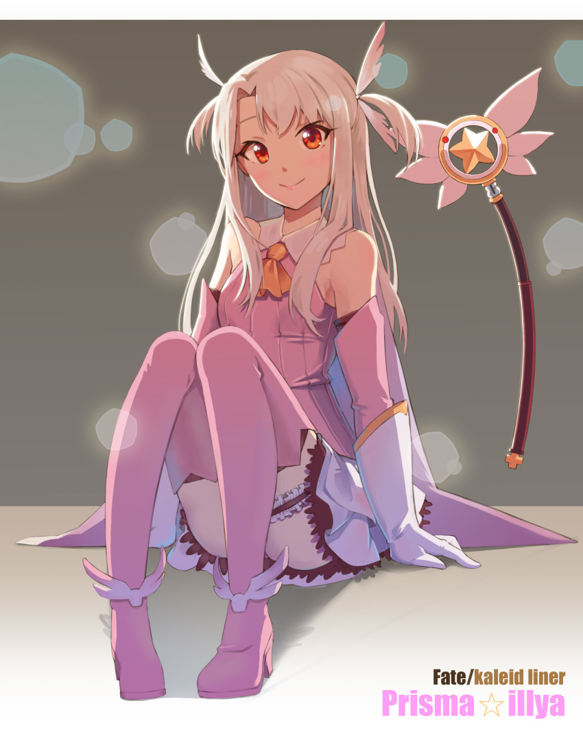 1girl absurdres bangs bare_shoulders blonde_hair blush boots breasts cape daika!! detached_sleeves dress eyebrows_visible_through_hair fate/kaleid_liner_prisma_illya fate_(series) feathers gloves hair_feathers highres illyasviel_von_einzbern jewelry kaleidostick light_brown_hair long_hair long_sleeves looking_at_viewer magical_girl magical_ruby parted_bangs pink_background pink_cape pink_dress pink_feathers pink_footwear pink_gloves pink_legwear pink_sleeves pleated_skirt prisma_illya red_eyes simple_background skirt small_breasts smile thigh-highs thigh_boots very_long_hair wand white_feathers white_gloves white_skirt yellow_neckwear