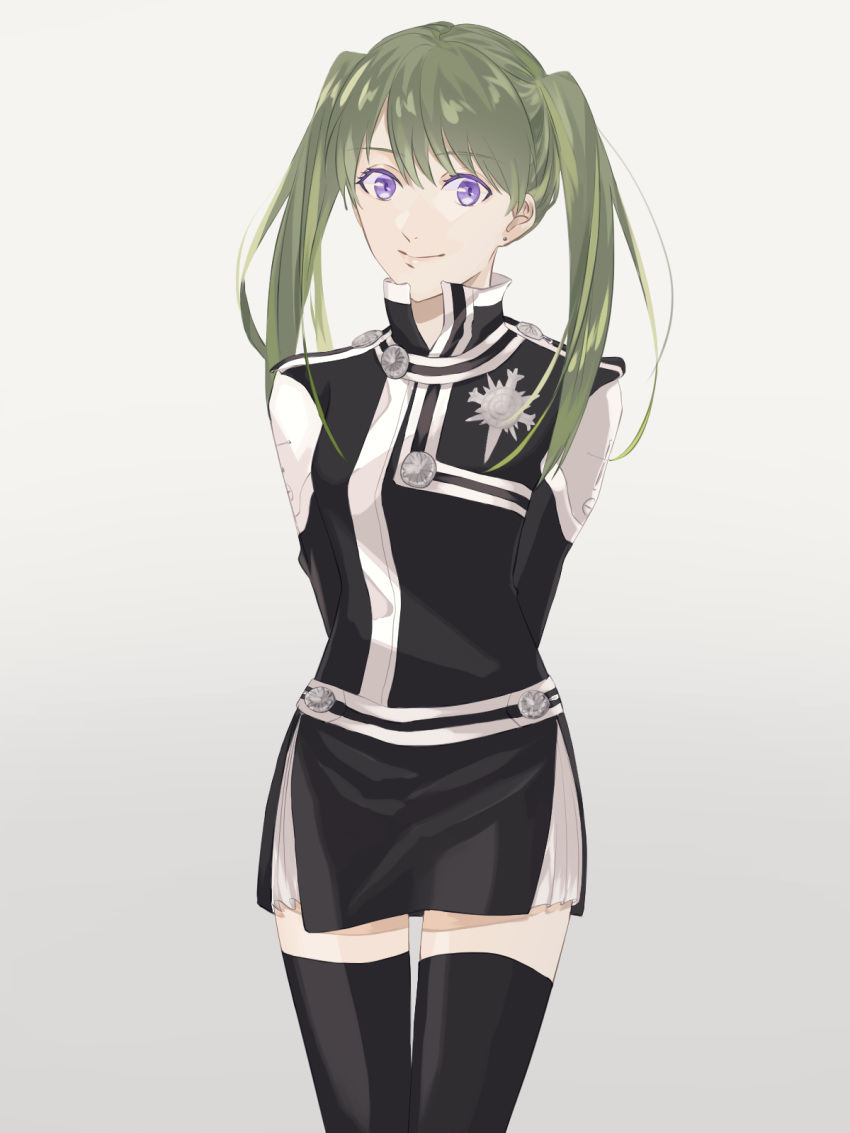 13isaco 1girl arms_behind_back bangs black_legwear closed_mouth d.gray-man earrings eyebrows_visible_through_hair gradient gradient_background green_hair grey_background hair_between_eyes highres jewelry lenalee_lee long_hair looking_at_viewer miniskirt pleated_skirt shiny shiny_hair skirt smile solo standing thigh_gap twintails uniform violet_eyes white_background white_skirt