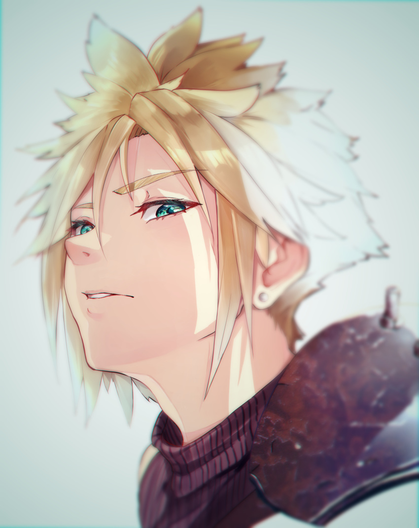 1boy armor blonde_hair blurry cloud_strife earrings eyebrows_visible_through_hair face final_fantasy final_fantasy_vii green_eyes highres jewelry jjjehuty male_focus parted_lips pauldrons rust solo upper_body