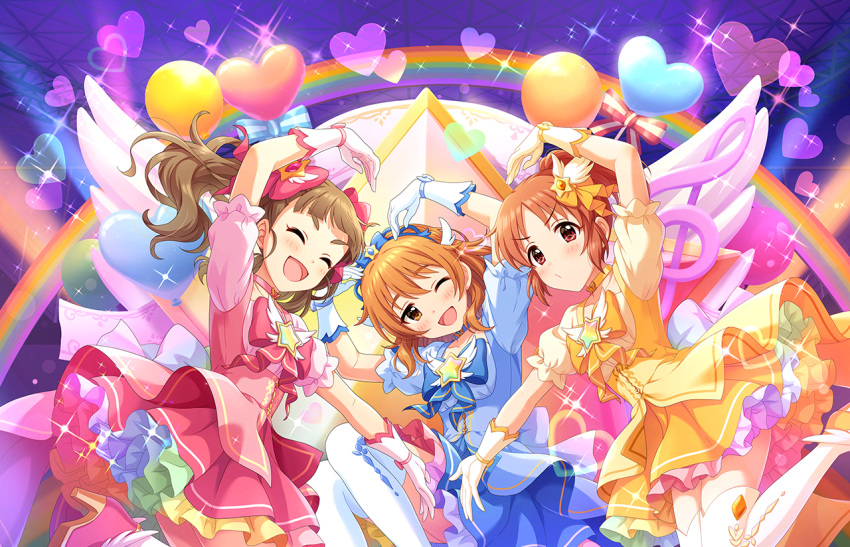 abe_nana araki_hina blush brown_eyes brown_hair dress idolmaster_cinderella_girls_starlight_stage kamiya_nao long_hair short_hair twintails