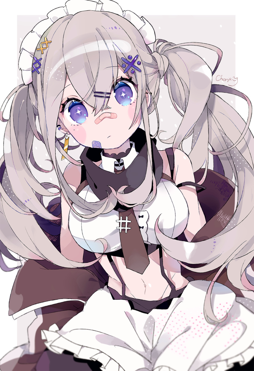 +_+ 1girl apron bandaid bandaid_on_nose bare_shoulders black_skirt breasts brown_jacket brown_neckwear chon_(chon33v) closed_mouth collared_shirt crop_top ear_piercing earrings grey_hair hair_ornament highres jacket jewelry large_breasts long_hair looking_at_viewer maid maid_apron maid_headdress midriff mole mole_under_eye navel necktie off_shoulder open_clothes open_jacket original piercing shirt signature skirt sleeveless sleeveless_shirt solo sparkling_eyes stomach suspenders symbol-shaped_pupils twintails upper_body violet_eyes waist_apron white_shirt x_hair_ornament