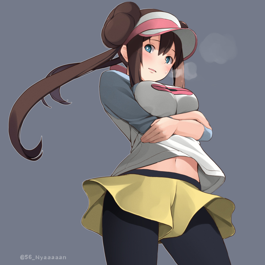 1girl absurdres arms_under_breasts bangs befu black_legwear blue_eyes blue_sleeves blush bow breasts brown_hair commentary_request cowboy_shot crossed_arms double_bun grey_background hair_between_eyes hat heavy_breathing highres large_breasts legwear_under_shorts long_hair looking_at_viewer mei_(pokemon) midriff_peek navel pantyhose parted_lips pink_bow poke_ball_print pokemon pokemon_(game) pokemon_bw2 raglan_sleeves shirt short_shorts shorts sidelocks simple_background solo standing sweatdrop taut_clothes taut_shirt twintails twitter_username very_long_hair visor_cap white_shirt yellow_shorts