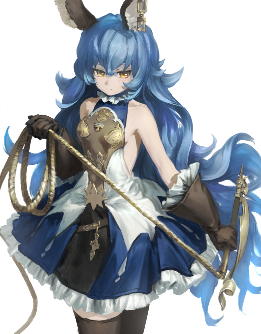 1girl animal_ears bare_shoulders big_hair blue_hair breasts brown_gloves brown_legwear closed_mouth cowboy_shot dress earrings ferry_(granblue_fantasy) frilled_dress frills gloves granblue_fantasy hair_between_eyes highres holding holding_weapon jewelry long_hair looking_at_viewer simple_background small_breasts solo standing thigh-highs very_long_hair wasabi60 weapon whip white_background yellow_eyes