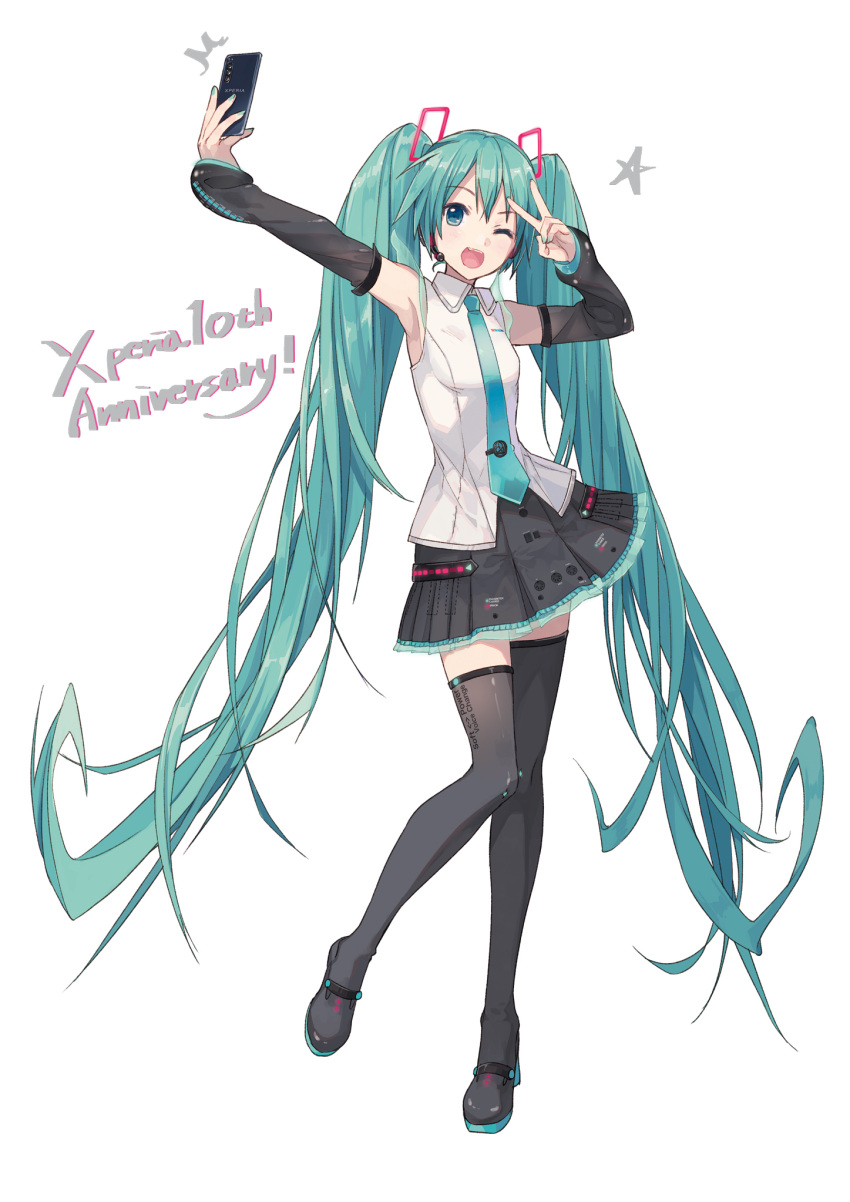 1girl ;d anniversary aqua_eyes aqua_hair aqua_neckwear arms_up bangs black_sleeves boots breasts cellphone collared_shirt detached_sleeves eyebrows_visible_through_hair full_body hatsune_miku highres holding holding_phone ixima leg_up long_hair long_sleeves looking_at_viewer miniskirt necktie one_eye_closed open_mouth outstretched_arm phone pleated_skirt shirt skirt small_breasts smartphone smile solo standing standing_on_one_leg thigh-highs thigh_boots twintails v_over_eye very_long_hair vocaloid white_shirt xperia zettai_ryouiki