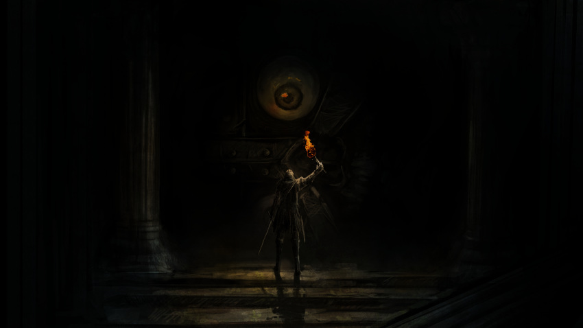 1boy absurdres arm_up armor blue_eyes dark dark_souls door eyeball fire full_armor helmet highres holding holding_sword holding_torch holding_weapon indoors jjjehuty looking_at_another monster pillar reflection shadow souls_(from_software) stairs sword torch weapon