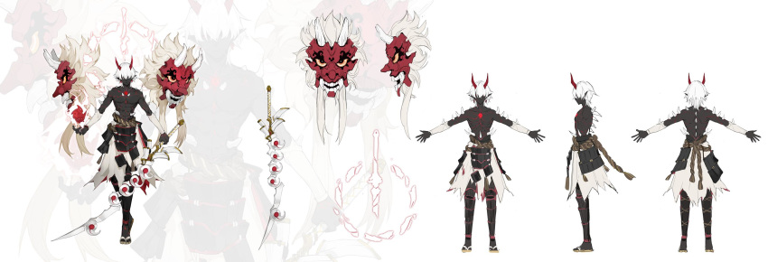 1boy abs armor belt black_skin character_request character_sheet closed_mouth earrings fire floating floating_object glowing hair_over_one_eye highres holding holding_sword holding_weapon horns japanese_armor jewelry magatama male_focus mask nine_(liuyuhao1992) oni_horns onmyoji red_belt rope shirtless simple_background smile solo spikes standing sword torn_clothes veins weapon white_hair