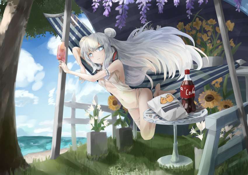 +_+ 1girl azur_lane bangs bare_shoulders barefoot beach bikini blue_eyes blush bottle breasts chips clouds cocktail cocktail_glass cola criss-cross_halter cup day double_bun drinking_glass eyebrows_visible_through_hair flower food grass hachiware_(kagisippo2) hair_between_eyes hair_ornament halterneck hammock headphones highres le_malin_(azur_lane) long_hair looking_at_viewer lying navel ocean on_side outdoors sidelocks silver_hair sky small_breasts solo swimsuit symbol-shaped_pupils tree very_long_hair water white_bikini