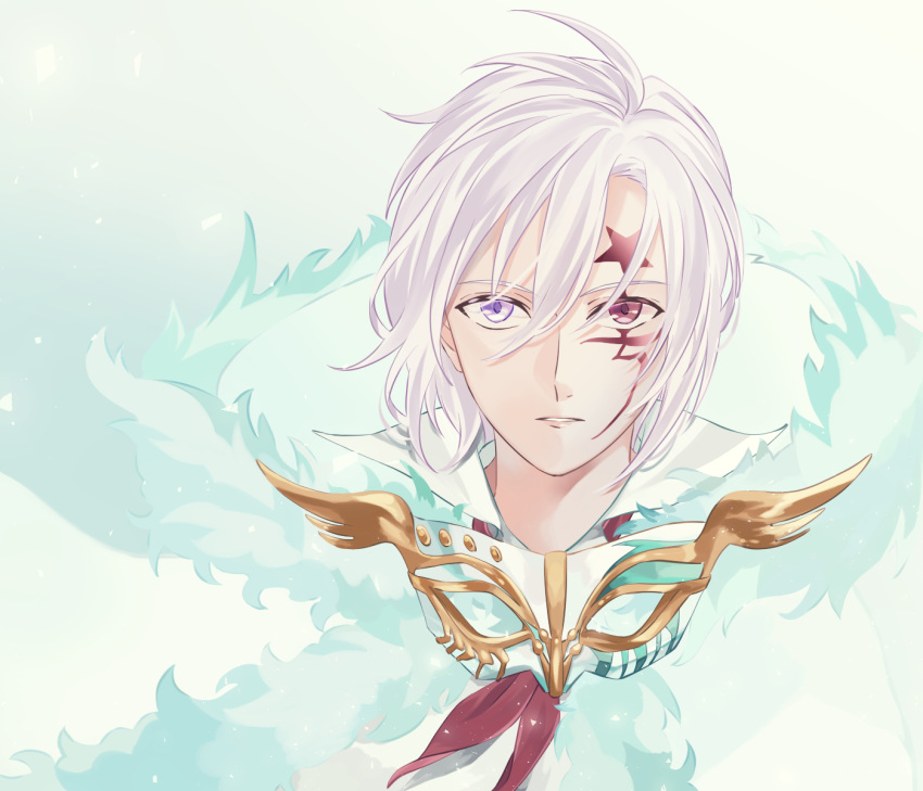 13isaco 1boy allen_walker d.gray-man facial_mark heterochromia highres looking_at_viewer male_focus parted_lips portrait red_eyes silver_hair simple_background solo star violet_eyes white_background