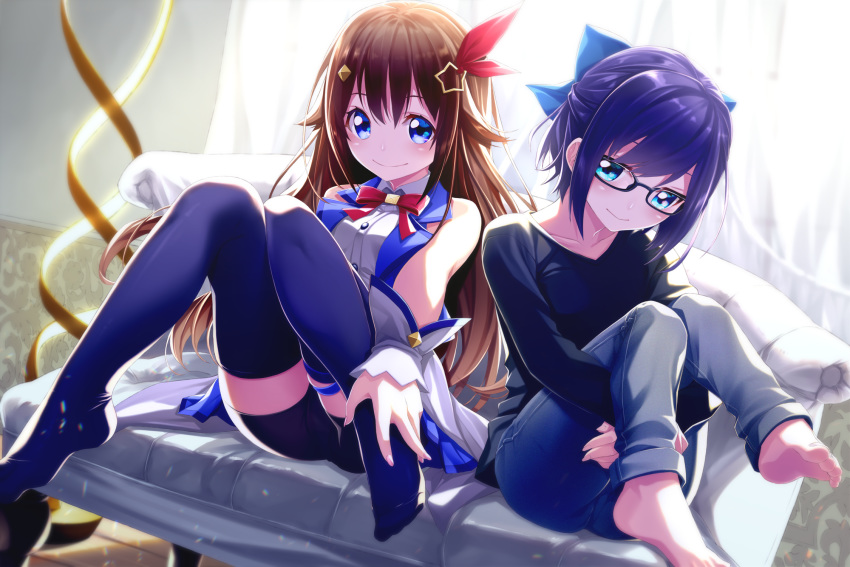 2girls aqua_eyes barefoot black-framed_eyewear black_shirt black_shorts blue_bow blue_eyes blue_hair blue_jacket blue_legwear blush bow breasts brown_hair closed_mouth collared_shirt commentary couch curtains day denim fenrir_(fenlil0316) full_body glasses hair_between_eyes hair_bow hair_flaps hair_ornament hair_ribbon highres hololive indoors jacket jeans knees_together_feet_apart leg_hug long_hair long_sleeves looking_at_viewer medium_breasts multiple_girls neck_ribbon pants red_neckwear red_ribbon ribbon shirt short_hair short_shorts shorts side-by-side sitting sleeveless sleeveless_jacket sleeveless_shirt small_breasts smile star star_hair_ornament sunlight t-shirt thigh-highs tokino_sora tokino_sora_channel virtual_youtuber white_shirt wing_collar wrist_cuffs yuujin_a_(tokino_sora_channel)