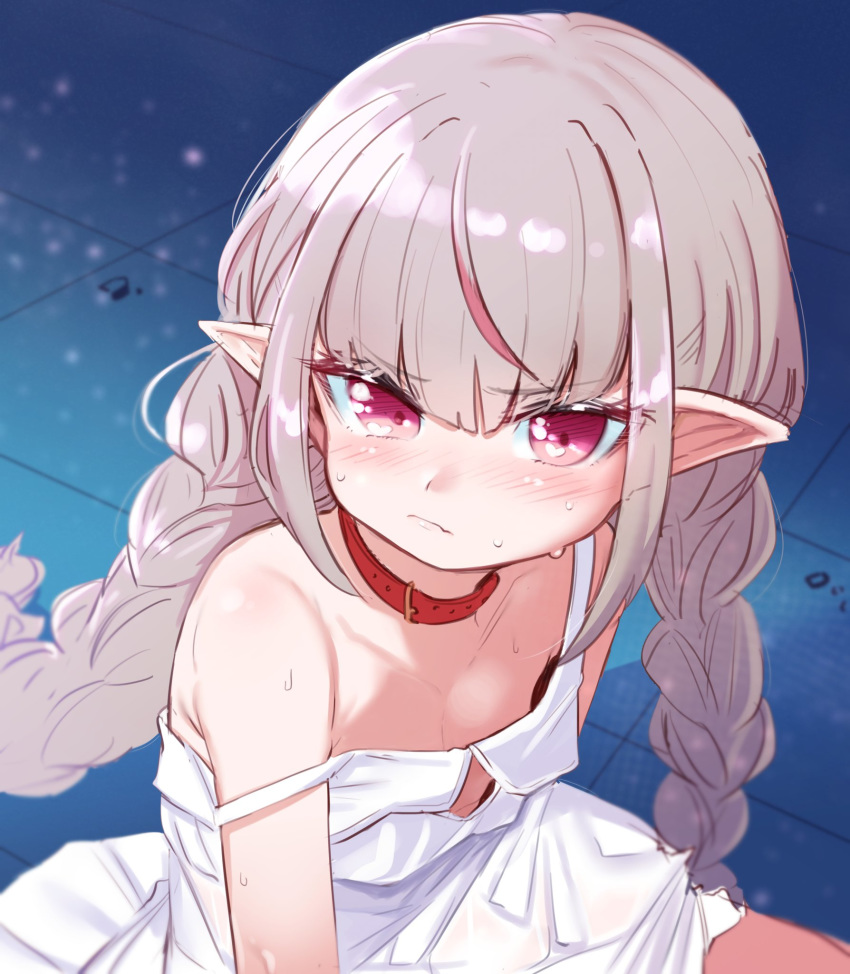 1girl bare_shoulders bishoujo_senshi_sailor_moon blush braid collar commentary_request derivative_work dress eyebrows_visible_through_hair flat_chest grey_hair highres kio_(yumekuikio) long_hair makaino_ririmu meme multicolored_hair nijisanji pointy_ears red_collar red_eyes redhead sailor_moon_redraw_challenge screencap_redraw sidelocks sleeveless sleeveless_dress solo strap_slip streaked_hair sweat twin_braids upper_body virtual_youtuber white_dress