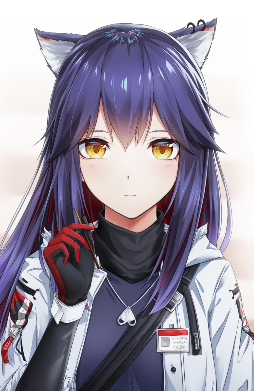 1girl animal_ear_fluff animal_ears arknights bangs blue_hair cat_ears closed_mouth coat earrings gloves hair_between_eyes highres jewelry long_hair looking_at_viewer necklace open_clothes open_coat shiny shiny_hair solo texas_(arknights) turtleneck upper_body white_background white_coat yellow_eyes yumemo