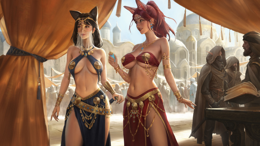 2girls absurdres animal_ears book breasts cat_ears cat_girl clothing_request commentary copyright_request crowd earrings elf english_commentary floating hair_ornament highres jewelry market multiple_girls outdoors pointy_ears sword table tagme tassel under_boob veil weapon yuhong_ding