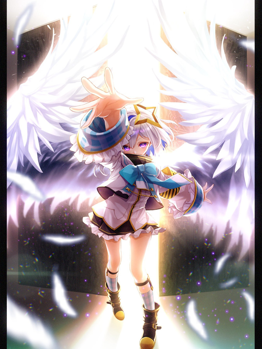 1girl amane_kanata angel_wings armband backlighting black_dress black_footwear blue_bow blue_hair boots bow commentary covered_mouth cropped_jacket dress feathers fenrir_(fenlil0316) floating foreshortening frilled_dress frills full_body gold_trim hair_between_eyes halo highres hololive jacket kneehighs large_bow leg_strap looking_at_viewer multicolored_hair outstretched_hand pillarboxed plaid plaid_legwear short_dress short_hair silver_hair solo star streaked_hair thighs turtleneck turtleneck_dress two-tone_hair violet_eyes virtual_youtuber white_jacket wide_sleeves wings