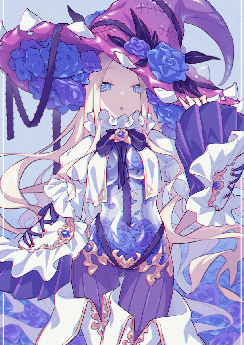 :o abigail_williams_(fate/grand_order) absurdres arm_up bangs blonde_hair blue_background blue_eyes blue_flower blue_rose boots bow breasts collar eyebrows_visible_through_hair eyes_visible_through_hair facing_viewer fate/grand_order fate_(series) flower frilled_sleeves frills gat hat hat_flower highres laces long_hair long_sleeves looking_at_viewer parted_bangs parted_lips purple_bow purple_legwear purple_ribbon ribbon rose see-through simple_background striped striped_legwear tewo_(tewowet) thigh-highs thigh_boots white_footwear wide_sleeves witch_hat