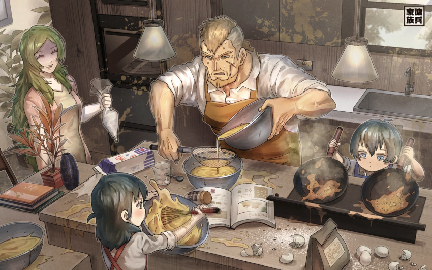 2boys 2girls alternate_costume apron blue_eyes blue_hair book bowl brown_eyes brown_hair byleth_(fire_emblem) byleth_eisner_(female) byleth_eisner_(male) closed_eyes cup egg facial_scar family father_and_daughter father_and_son fire_emblem fire_emblem:_three_houses frying_pan green_hair highres holding husband_and_wife jeralt_reus_eisner korokoro_daigorou long_hair long_sleeves measuring_cup milk_carton mother_and_daughter mother_and_son multiple_boys multiple_girls open_book open_mouth plant plate potted_plant scar sink sitri_(fire_emblem) sleeves_rolled_up whisk window younger