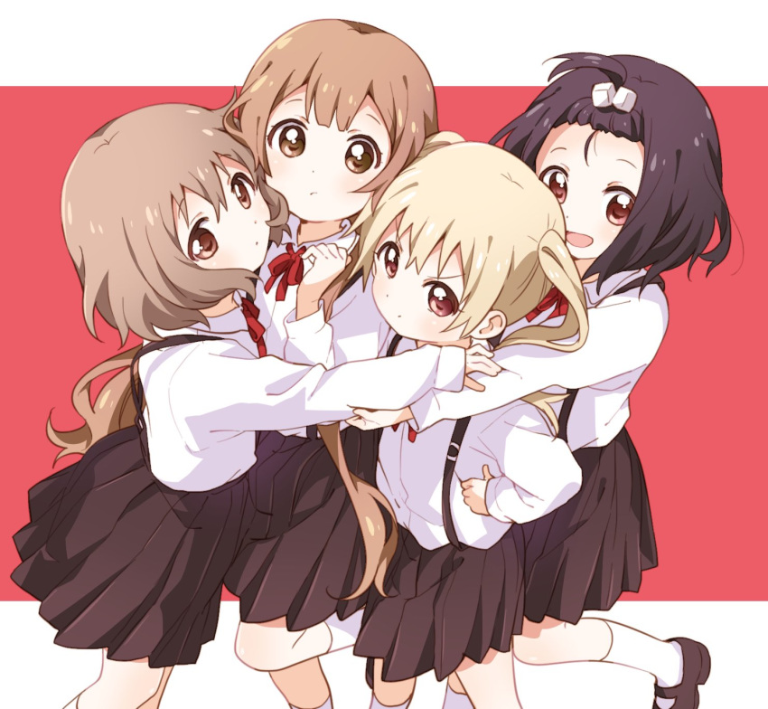 4girls black_hair blonde_hair brown_eyes brown_hair girl_sandwich group_hug hair_cubes hair_ornament highres hug long_hair mary_janes multiple_girls namori ogawa_kokoro oomuro-ke oomuro_hanako red_eyes sandwiched school_uniform shoes socks souma_mirai takasaki_misaki_(yuru_yuri) twintails v-shaped_eyebrows white_legwear yuru_yuri