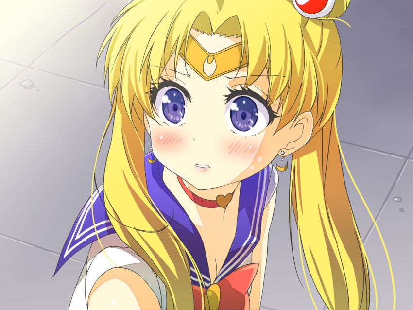 1girl bishoujo_senshi_sailor_moon blonde_hair blue_eyes blush bow choker collarbone commentary_request crescent crescent_earrings crescent_moon derivative_work earrings eyebrows_visible_through_hair hair_between_eyes hair_ornament jewelry long_hair looking_at_viewer moon open_mouth porurin red_bow red_choker sailor_collar sailor_moon sailor_moon_redraw_challenge short_sleeves solo tiara tsukino_usagi twintails