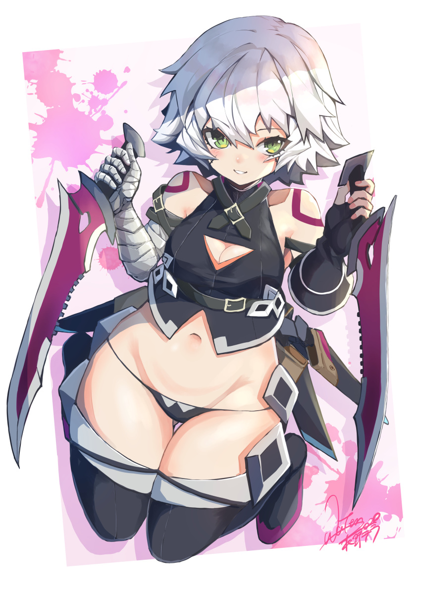 1girl absurdres arm_belt bandaged_arm bandages bangs bare_shoulders black_gloves black_legwear black_panties blush breasts cleavage_cutout crop_top dagger dual_wielding facial_scar fate/apocrypha fate_(series) fingerless_gloves gloves green_eyes highres holding holding_dagger holding_weapon jack_the_ripper_(fate/apocrypha) looking_at_viewer lowleg lowleg_panties mizuno_tera navel panties purple_footwear scar scar_across_eye scar_on_cheek sheath short_hair shoulder_tattoo single_glove small_breasts smile tattoo thigh-highs thighs underwear weapon white_hair