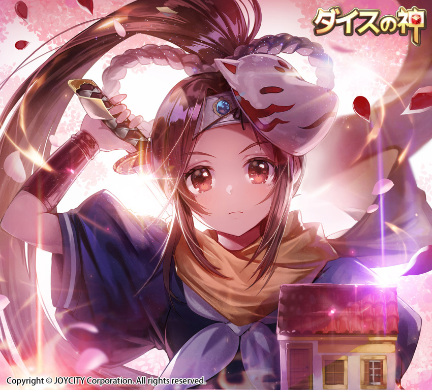 androgynous apple_caramel arm_up bracer brown_eyes brown_hair company_name fox_mask game_of_dice glint headband high_ponytail highres holding holding_sword holding_weapon looking_at_viewer mask mask_on_head official_art ponytail scarf sidelocks sword upper_body weapon yellow_scarf