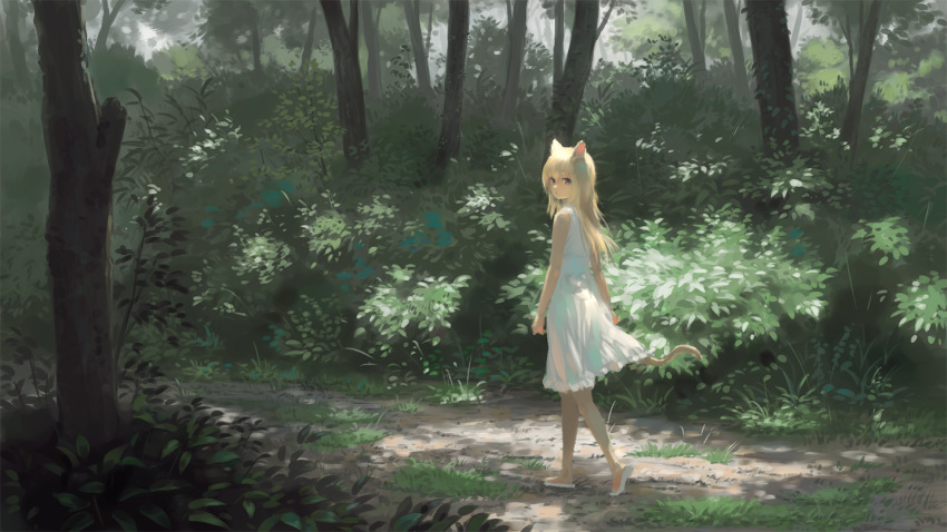 1girl animal_ears bare_legs blonde_hair bush cat_ears cat_girl cat_tail closed_mouth commentary_request dress expressionless forest from_behind grass long_hair looking_at_viewer looking_back nature orange_eyes original sandals scenery sleeveless sleeveless_dress solo tail tree walking wasabi60 white_dress white_footwear wide_shot