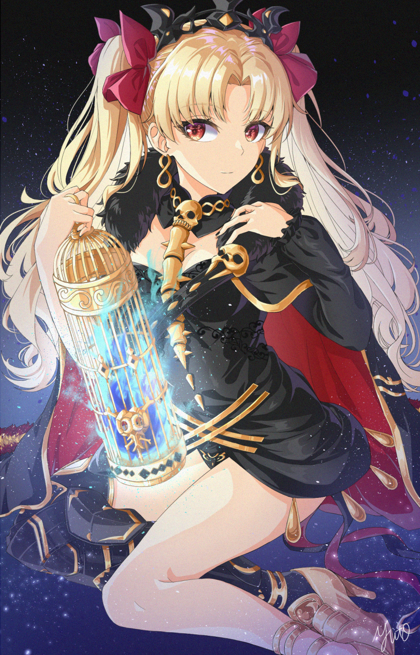 1girl asymmetrical_legwear asymmetrical_sleeves bangs between_breasts birdcage black_cape black_legwear blonde_hair blue_fire breasts cage cape closed_mouth detached_collar earrings ereshkigal_(fate/grand_order) fate/grand_order fate_(series) fire fur-trimmed_cape fur_trim gold_trim highres hoop_earrings infinity jewelry legs long_hair long_sleeves looking_at_viewer medium_breasts multicolored multicolored_cape multicolored_clothes necklace parted_bangs red_cape red_eyes single_sleeve single_thighhigh skull spine thigh-highs tiara two_side_up yuito_(yuitokobunasbs0)