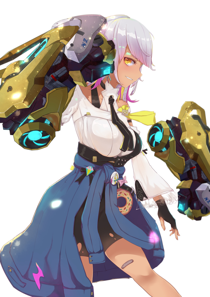1girl absurdres amomo bandages bare_shoulders black_gloves carole_peppers clothes_around_waist dark_skin gloves highres honkai_(series) honkai_impact_3rd jacket jacket_around_waist looking_at_viewer looking_to_the_side necktie shorts simple_background smile solo white_background white_hair yellow_eyes