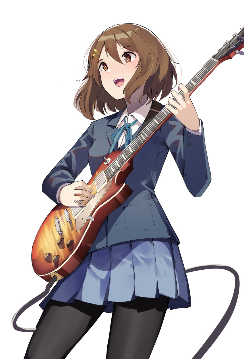 1girl :d absurdres bangs black_legwear blazer blue_jacket blue_ribbon blue_skirt brown_eyes brown_hair commentary gar32 guitar hair_between_eyes hair_ornament hairclip highres hirasawa_yui holding holding_instrument instrument jacket k-on! long_sleeves neck_ribbon open_mouth pantyhose pleated_skirt ribbon sakuragaoka_high_school_uniform school_uniform shirt short_hair simple_background skirt smile solo teeth upper_teeth white_background white_shirt