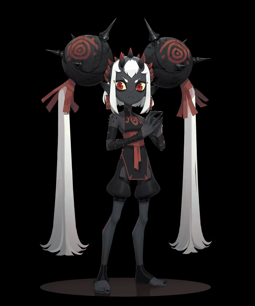 &gt;:( 1girl absurdres alexis_rives black_background black_nails black_skin eye_print flat_chest full_body hands_together highres horns long_fingers long_hair looking_at_viewer original pointy_ears red_eyes slit_pupils solo toeless_legwear twintails very_long_hair white_hair yellow_sclera