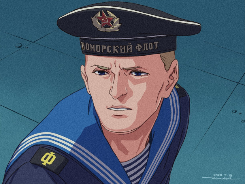 1boy blonde_hair blue_eyes hammer_and_sickle horikou sailor sailor_moon_redraw_challenge signature soviet_navy telnyashka