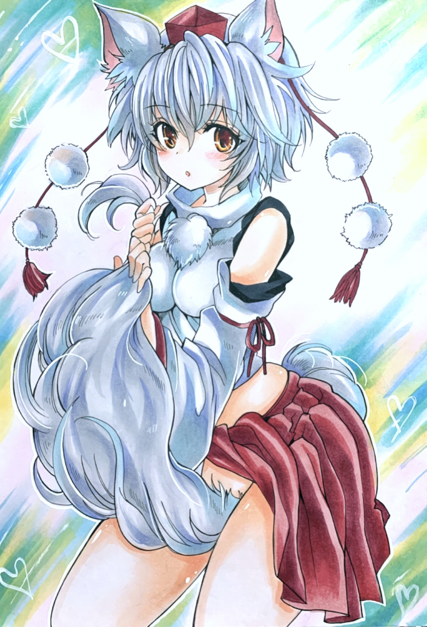 1girl animal_ears bare_shoulders between_legs blush breasts commentary commentary_request detached_sleeves geta hat highres inubashiri_momiji large_breasts looking_at_viewer no_panties open_mouth pom_pom_(clothes) red_eyes red_skirt ribbon-trimmed_sleeves ribbon_trim shirt short_hair silver_hair skirt sleeveless sleeveless_shirt solo tail tail_between_legs tengu-geta tokin_hat touhou traditional_media turtleneck twobee white_shirt wolf_ears wolf_tail